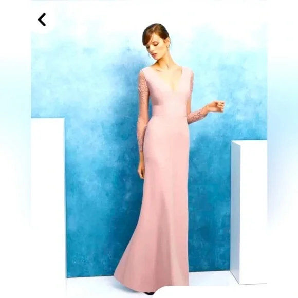 $865 Aire Barcelona Evening Maxi Dress/Gown Lace Nude Size US8